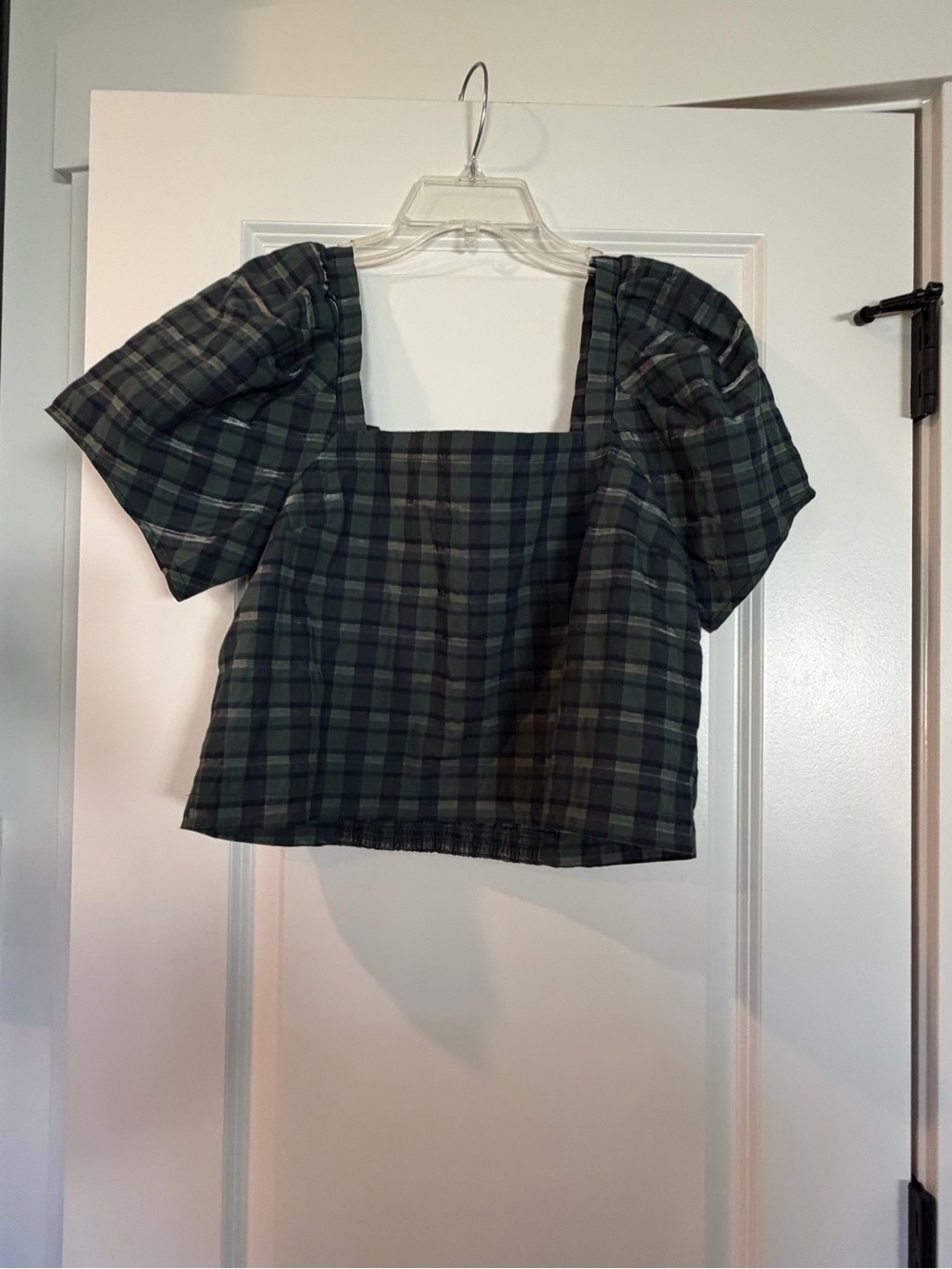 💚 Madewell NWT Plaid Puff‑Sleeve Cropped Top – Size L